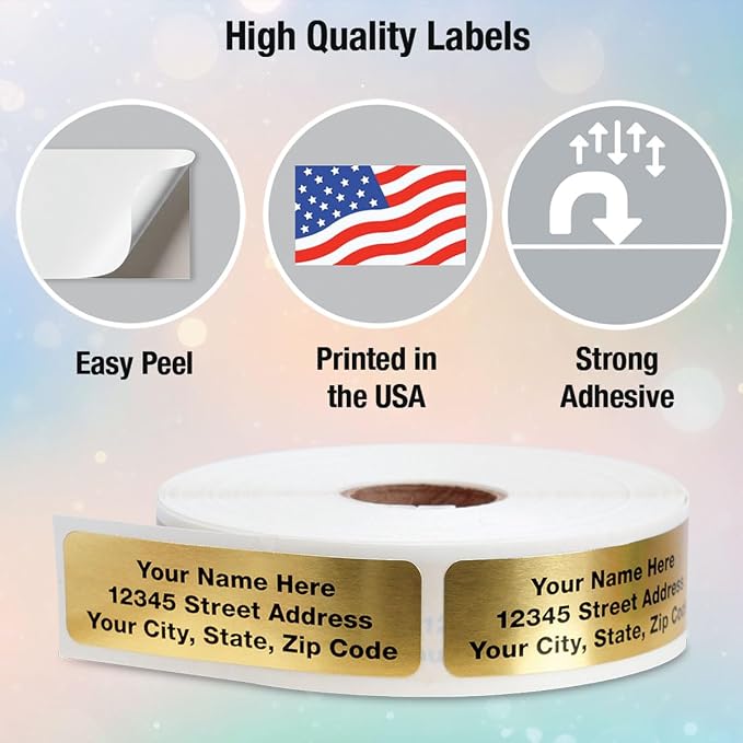 Personalized Return Address Labels, Roll of 500 | Gold Foil, 500 Count, Self-Adhesive, Without Dispenser, Customize with Name & Shipping Address