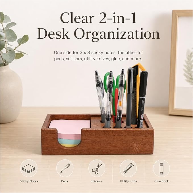 Wood Pencil Holder Pen Display Stand 3x3 Inch Sticky Note Holder | Elegant Post It Note Holder Notepad Dispenser Desk Organizer with Pen Slot for Sticky Notes, Pens, Scissors and Small Tool