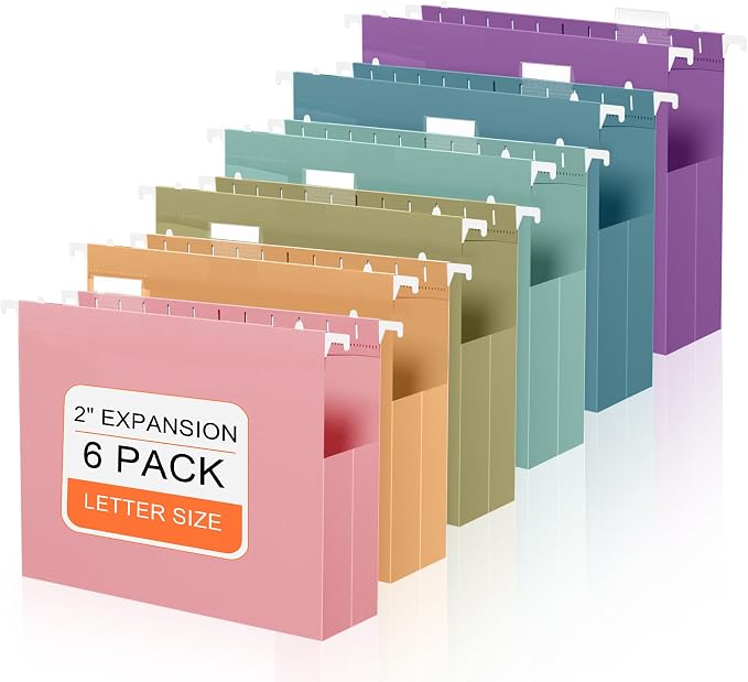 6 Pack Extra Capacity Plastic Hanging File Folders Letter Size | Heavy Duty 2" Expanding Pockets with Clear Tabs, Reusable File Organizer with 1/5-Cut Adjustable Tabs for Office & Home