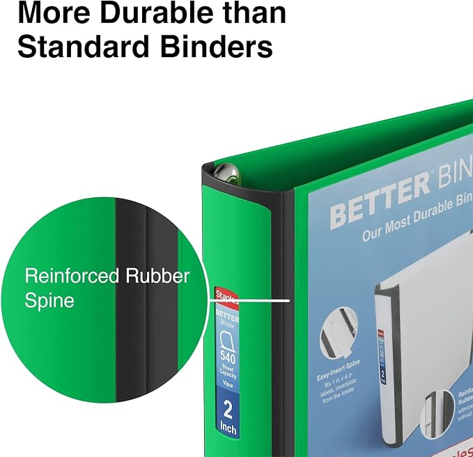 Staples 2-Inch 3-Ring Better Binder, Durable View Binder for Office & School Storage, Green, 2-Pack