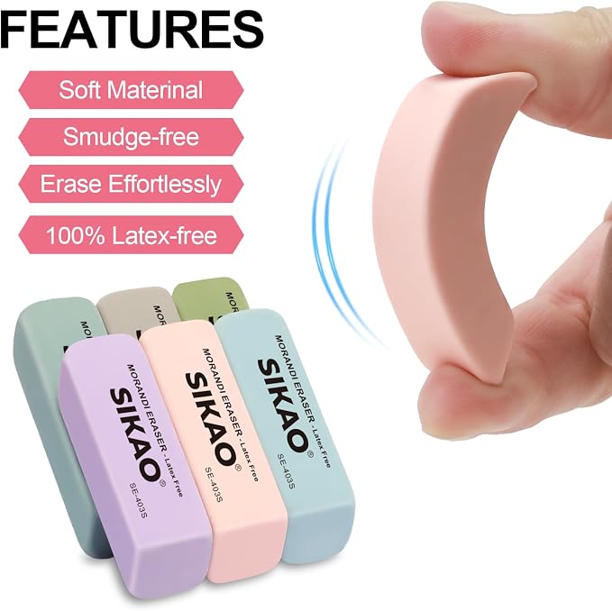 Morandi Erasers, 6 Pack Pencil Erasers | Aesthetic Pastel Beveled Rubber Erasers, Latex-Free & Smudge-Free for School Supplies, Classroom & Daily Writing