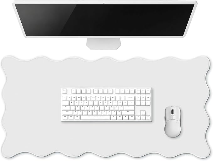 Hahafelt Scalloped Desk Mat Large Desk Pad Cute Coquette Table Mat Back to School Preppy Table Make up Pad Nonslip Graduation Gift with Stitching Waterproof Gaming(White,31.5 x 15.8 Inches)