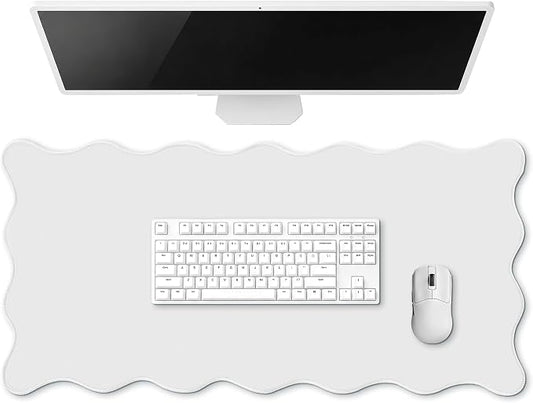 Hahafelt Scalloped Desk Mat Large Desk Pad Cute Coquette Table Mat Back to School Preppy Table Make up Pad Nonslip Graduation Gift with Stitching Waterproof Gaming(White,23.6 x 13.8 Inches)