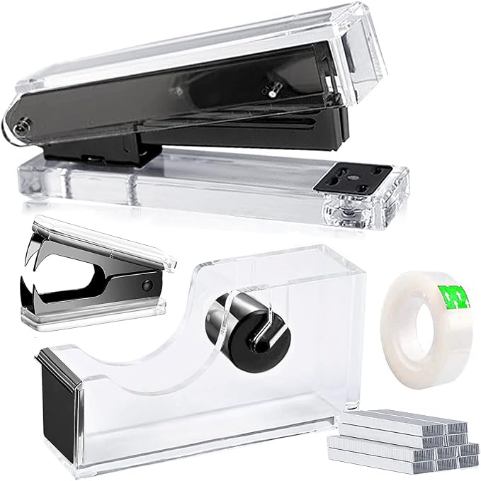 Acrylic Black Tape Dispenser and Desktop Stapler, Includes Staple Remover, Tape, 1000pcs Staples - Cute Office Stapler Set for Modern Design Desk Accessory Kit