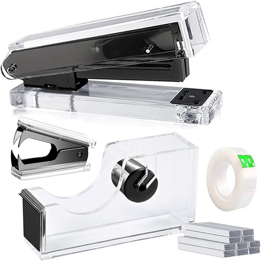 Acrylic Black Tape Dispenser and Desktop Stapler, Includes Staple Remover, Tape, 1000pcs Staples - Cute Office Stapler Set for Modern Design Desk Accessory Kit