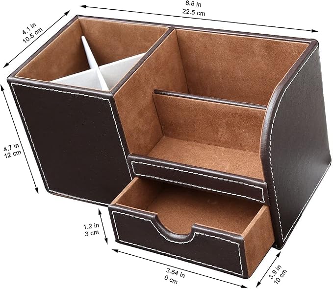 KINGFOM Desk Organizer Office Supplies Caddy Pu Leather Multi-function Storage Box Pen/Pencil,Cell phone, Business Name Cards Remote Control Holder with Small Drawer Brown
