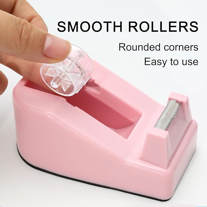 Desktop Tape Dispenser Heavy Duty Desk Accessories Floral Office Tape Dispensers, Weighted Non-Skid Base, Macaron Pink
