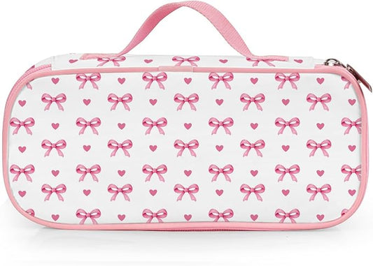 Pink Bow Pencil Case for Girls, Large Capacity Cute Kids Pencil Box with Zipper Compartments, Portable Pen Pouch Bag for Office School Travel