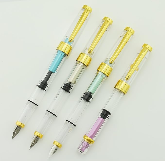 Lanxivi 4 PCS Yongsheng 3008 Piston Fountain Pen Fine Nib Transparent Diversity Color Gold Trim Set