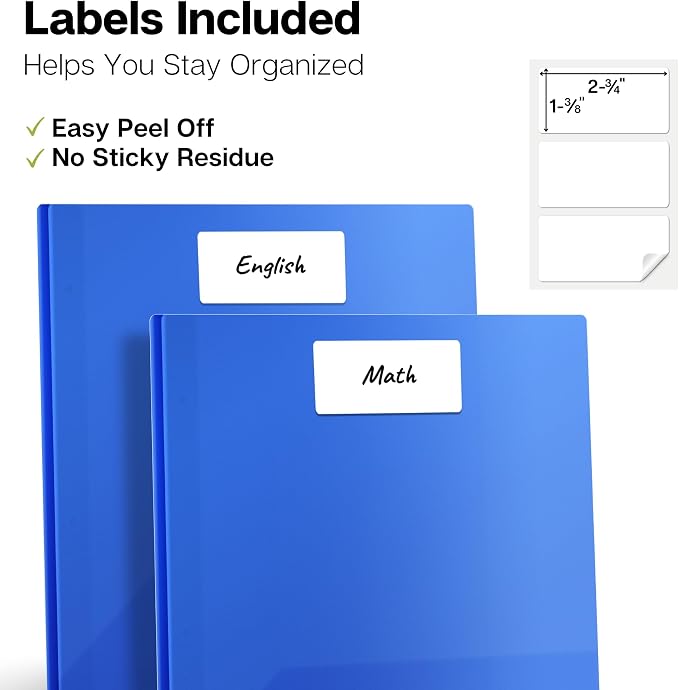 Dunwell Plastic Folders with 3 Prongs, (2 Pack, Blue), 2-Pocket Folders with Fasteners, Durable Acid-Free Poly for Long Term Use, Labels Included