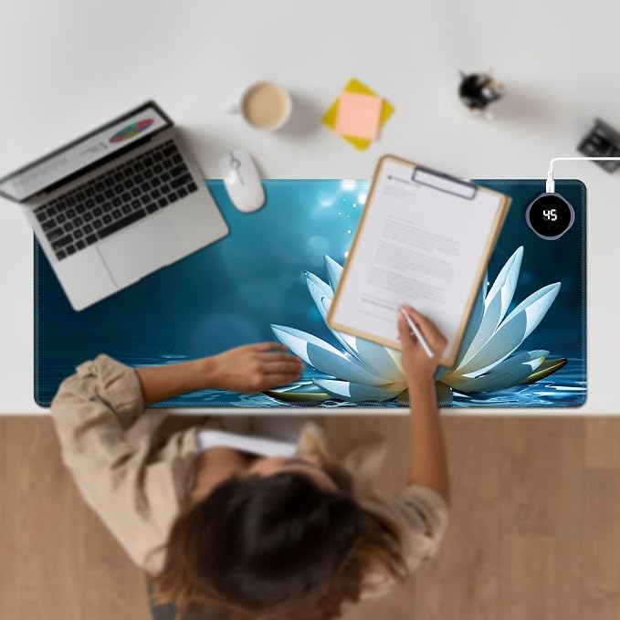 Heated Desk Pad Large Mouse Pad 31.5 x 13 inch with 3 Levels Heating & Auto Shut-Off Warm Mouse pad PU Leather Computer Mousepad for Home Office Work - White Lotus Floral Flower