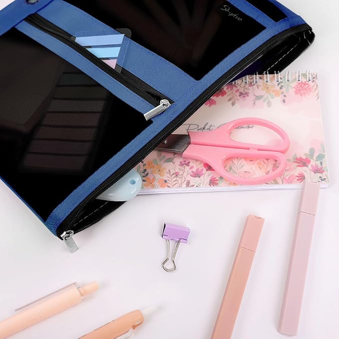 SKYDUE 3 Ring Pencil Pouch for Binder, Zipper Binder Pencil Pouch with 3 Pockets and Mesh Window, Durable Organizer for School Supplies, Cables, Earbuds, Makeup