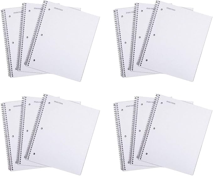 Mintra Office Durable Spiral Notebooks, 1 Subject, (White, College Ruled 12pk), 100 Sheets, Poly Pocket, Moisture Resistant Cover, School, Office, Business, Professional