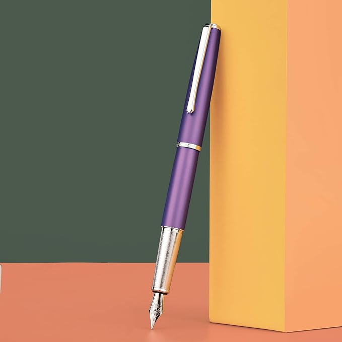 Hongdian 920 Purple Metal Fountain Pen, Steel Fine Point Classic Pen, Includes Refillable Converter and Pen Pouch