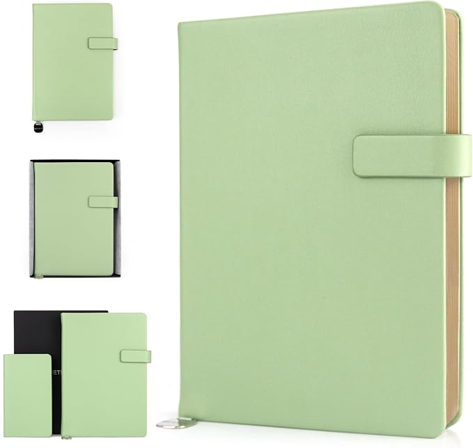 A5 Hard Cover Lined Notebook, Pen Holder & Gold Edges, 180° Lay Flat Journal, Large 5.7 x 8.4 in, Bookmark & Gift Box, Business Notebook for Work, Study, Travel(Grass Green)
