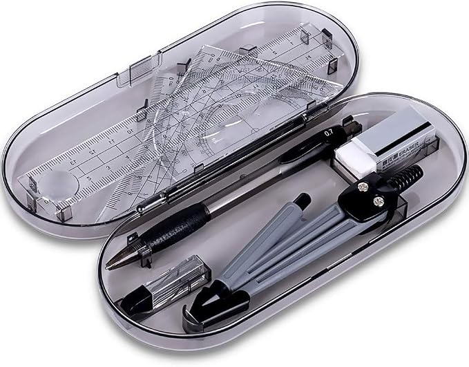 Math Geometry Kit Set 8 Pieces Student Supplies with Shatterproof Storage Box,Includes Rulers,Protractor,Compass,Pencil Lead Refills,Pencil,Eraser.for Students and Engineering Drawings