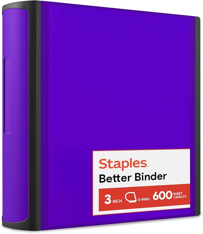 Staples Better 3-Inch D-Ring Binder, Purple – Heavy-Duty 3-Ring Binder for School & Office Storage