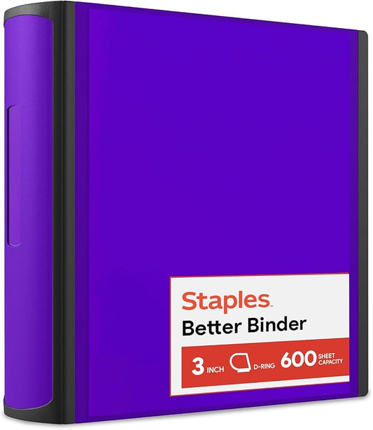 Staples Better 3-Inch D-Ring Binder, Purple – Heavy-Duty 3-Ring Binder for School & Office Storage