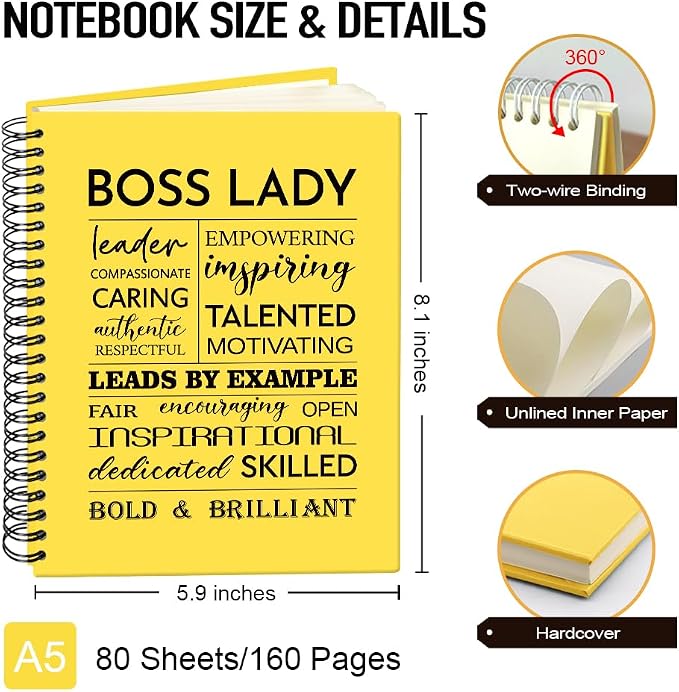 Boss Lady 160 Blank Pages Yellow Hardcover Spiral Notebook, New Business Owner Gifts Women Boss Gifts for Boss Female, Appreciation Gifts for Women Entrepreneurs, Boss Day Women's Day Gifts