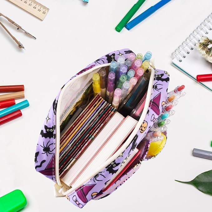 E-WEICHEN Multiple Pockets Portfolio Organizer with Zippered, Makeup Bag Travel Essentials for Women, Simple Waterproof Stationery Pencil Pouch Bag for Journal Office Art Supplies.Purple Halloween