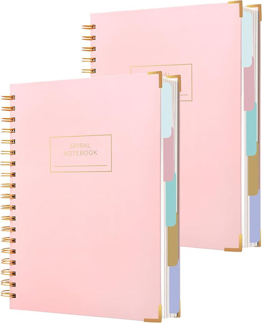 Yoment 2 Pack 5 Subject Notebook College Ruled, Hardcover Spiral Notebooks for Work School, B5 Multi Subject Notebook with Tabs Dividers, 240 Pages Lined Journal for Women Men, Pink&Pink