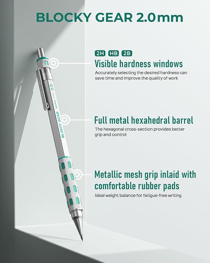 Nicpro 3 Pack Blocky Gear 2.0 mm Metal Mechanical Pencils Set with Case | Drafting Pencil with 13 Tubes 2mm Lead Refills (HB 2B 2H 4B 4H 6B & Colors), Erasers for Carpenter Writing Drawing