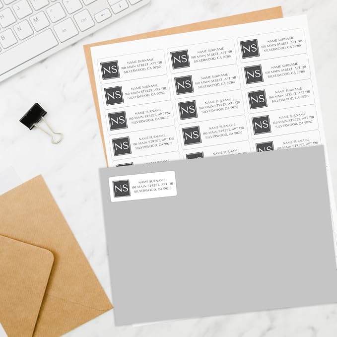 Personalized Return Address Labels – Grey Square Monogram Design, Custom Name & Address, Peel & Stick Mailing Labels, 100 Count (1" x 2⅝") by Dotty About Paper