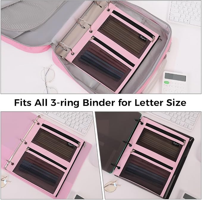 SKYDUE Pencil Pouch for Binder, Pencil Case, 3 Ring Binder Pencil Pouch with 3 Pockets and Mesh Window, Zipper Pencil Pouch, Durable Organizer for School Supplies, Cables, Earbuds, Makeup, Pink