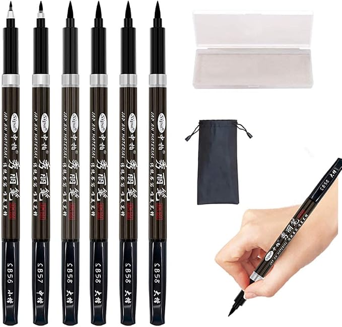 Calligraphy Hand Lettering Brush Pens Drawing Markers Beginners | Kits Chinese Japenese Pens Black Ink for Journaling, Writing, Art Drawing, 3 Size(Pack of 6)