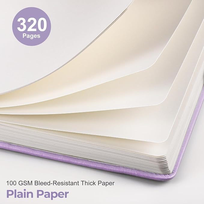 EMSHOI Blank Journal Notebook, 320 Pages, A5 Size (5.7'' x 8.3'') | Leather Hardcover, 100 GSM Thick Paper, Unlined, Plain, for Sketching, Drawing, Painting, Sun Debossed (Light Purple)