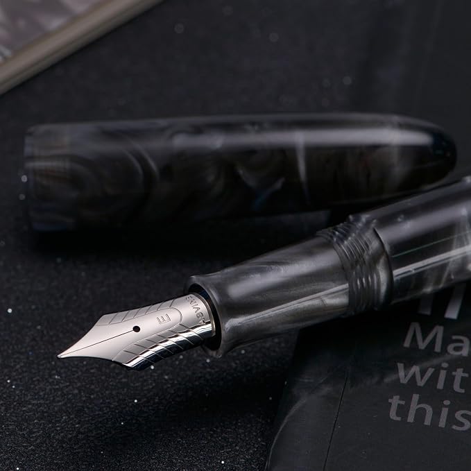 Asvine C80 Fountain Pen #8 Stub 1.1mm Nib Large Handcraft Calligraphy Art Drawing Pen with Converter Pen Case Collection Set (Gray Ripple)