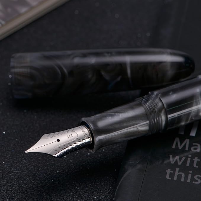 Asvine C80 Fountain Pen #8 Fine Nib Large Handcraft Pen with Converter Pen Case Collection Set (Gray Ripple)