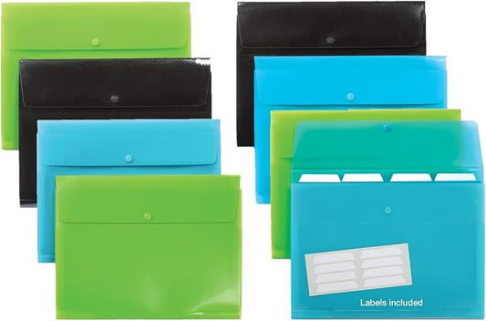 Oxford Plastic Expanding Files, 8 Pack of 5 Pocket File Organizers with 4 Tabs and Snap Closure, Letter Size Paper, 2 Black, 3 Blue, 3 Green (52005)