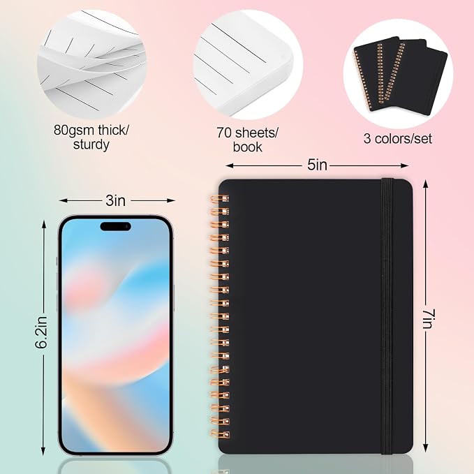 Utron 3 PCS Small Spiral Notebook 5x7, Notebooks for Note Taking, Black Spiral Journal Notebook, Work Notebook Small Notebooks 5x7 with Strap, Cute Notebooks for Women 70 Sheets/Note Books