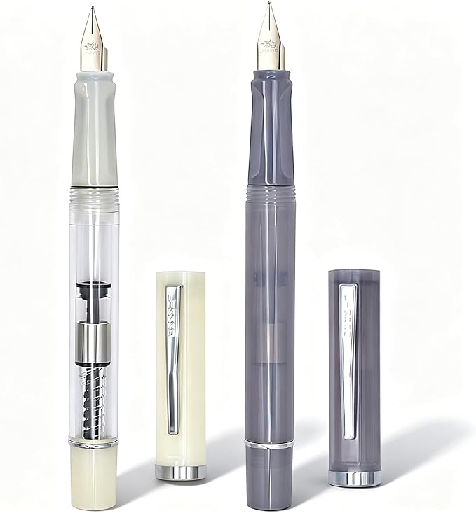 2-Pack Jinhao 58D Fountain Pen Set, Transparent White & Gray 0.5mm Fine Nib | Transparent Resin, Ergonomic Triangular Grip. Includes Converter 3.4mm, Perfect For Office & Journaling