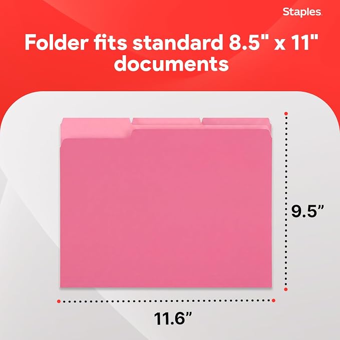 Staples File Folders, Letter Size, 1/3‑Cut Tabs, Assorted Colors, Durable 10.5‑Point Paper Stock, 100/Pack