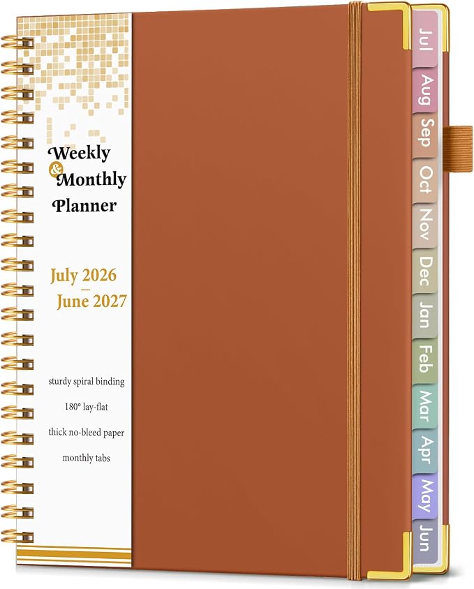 Academic Planner 2026-2027, Hardcover Weekly and Monthly Calendar Planner from July 2026 - June 2027, Daily Agenda Planners with Tabs, College School Organizer for Student Teacher, A4 (8.5" x 11"), Brown
