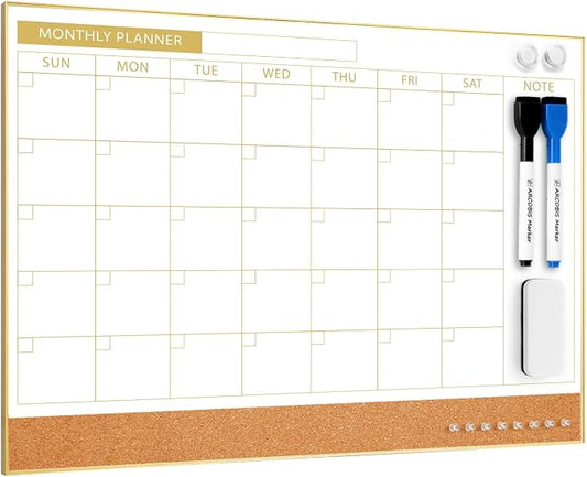 ARCOBIS Dry Erase Calendar with Cork Board for Wall, 11.6"x 15.7" Magnetic Calendar Whiteboard with Gold Frame, Monthly Combination Board for School, Home, Office