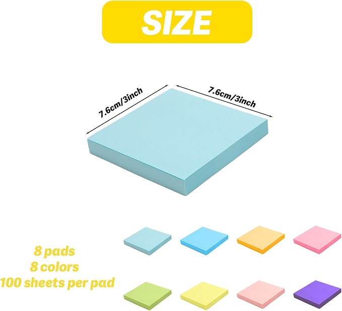 Sticky Notes Pop Up Sticky Notes 8 Pads 8 Colors 3x3 100 Sheets Large Self-Stick Stickies Note Pads Teacher Back to School Supplies and Oﬃce Products