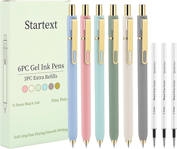 Gel Pens 6-Pack with Extra 3 Refills, 0.5mm Black Ink Fine Point Smooth Writing Pens, Quick Dry Ink No Smudge, Retractable Pens for Journaling Note Taking,Gift for Nurses,Teachers (Morandi- 6 Pcs)