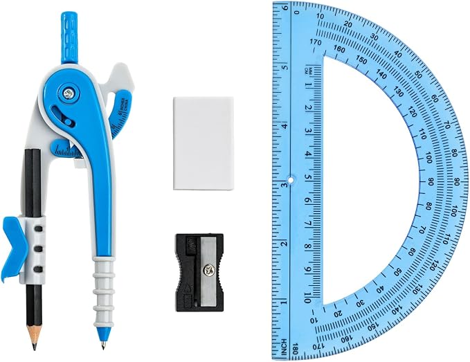 Vobou Compass for Geometry Set, 6 Inch Protractor, Clear Plastic (Blue) | 6 Inch Compass, Sharpener and Eraser, Easy Grip, Drafting Tool for Scool, Art, Drawing Precision Design for Math