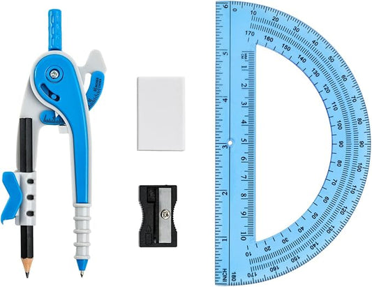 Vobou Compass for Geometry Set, 6 Inch Protractor, Clear Plastic (Blue) | 6 Inch Compass, Sharpener and Eraser, Easy Grip, Drafting Tool for Scool, Art, Drawing Precision Design for Math