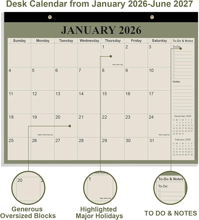 Desk Calendar 2026-2027 - Calendar 2026-2027 from July 2026 to June 2027, 18 Months Calendar with Thick Paper for Office, Home, School Organizing, 14" X 11", Cyan