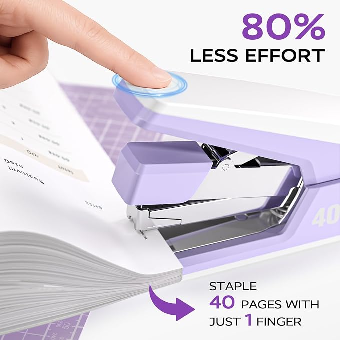 MARSROCK Effortless Stapler for Desk with 40-50 Sheet Capacity, 2000 Staples, 1-Touch Stapling, Ergonomic & Easy to Load Desktop Staplers, Heavy Duty Stapler, and Magnetic Staple Remover, Purple