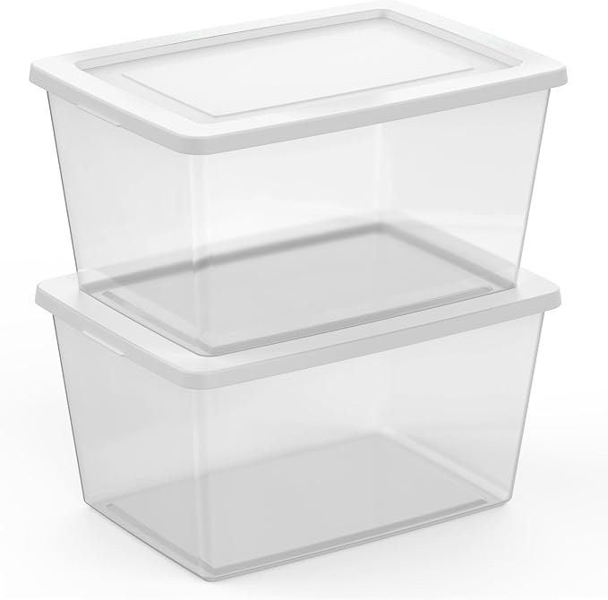 Sterilite Clear Storage Box Stackable Tote, 58 Quart, 12-Pack | Clear Plastic Container with Secure Snapping Lids for Home and Office Organization, White