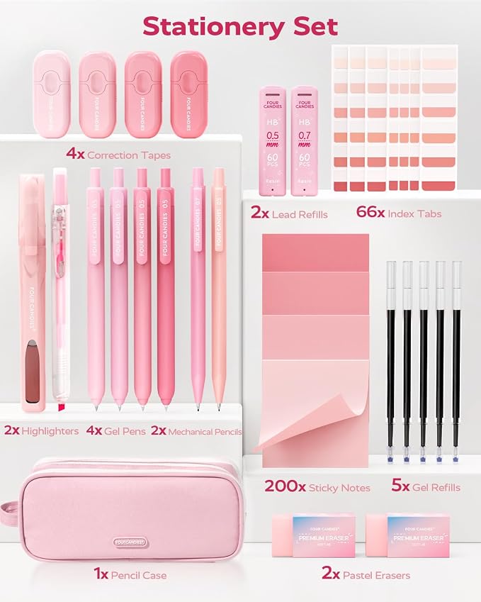 Four Candies Cute Aesthetic Pink School Supplies Kit for Girls | College Supplies and Nursing Essentials Pens, Highlighters, Mechanical Pencils, Sticky Notes for Students, Journaling