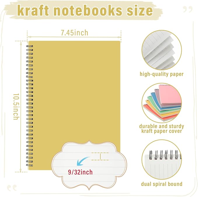 Fuutreo 6 Pack B5 Spiral Notebooks 10.5 x 7.45 Inch College Ruled Aesthetic Journal Kraft Hardcover 70 Sheets (140 Pages) Spiral Notebook for Office Students Work Journaling(Bright Color,Candy)