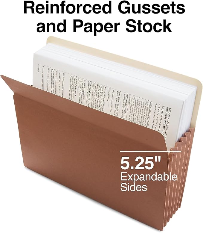Staples Reinforced File Pockets, Letter Size, 5.25‑Inch Expansion, Heavy‑Duty Brown Gusseted Folders – 20/Carton