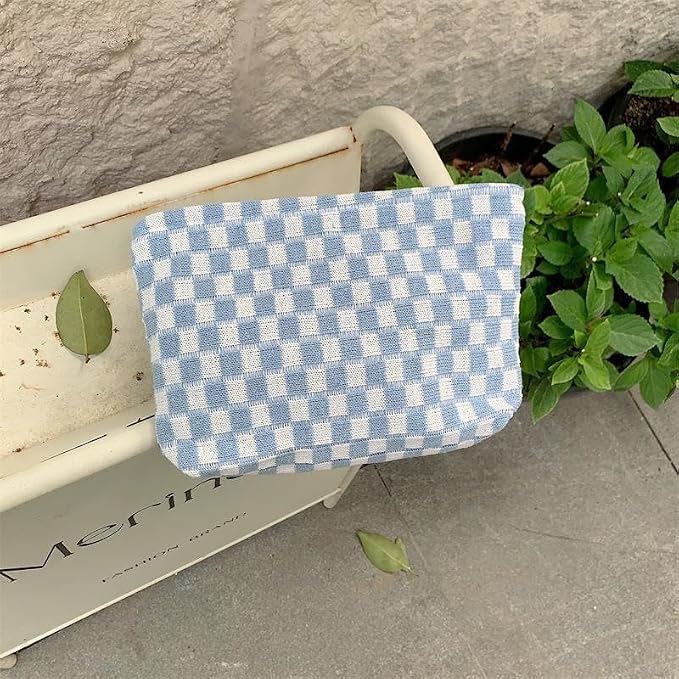 PAZIMIIK Checkered Makeup Bag for Purse, Small Flat Cosmetic Pouch,Blue | Cute Zipper Makeup Organizer for Women, Travel Essentials, Toiletries, Makeup Brushes, Beauty Accessories&Bridesmaid Gifts