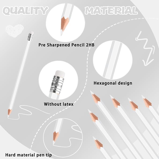 24PCS White Colored Pencils with Eraser Pre Sharpened Pencil 2 HB - Ideal for Checking, Grading, Tests & Office/School Supplies (White)